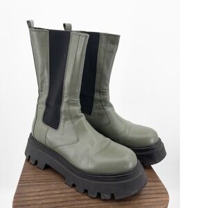 Alohas All Rounder Olive Green Leather Chunky Platform Lug Sole Chelsea Boots 41